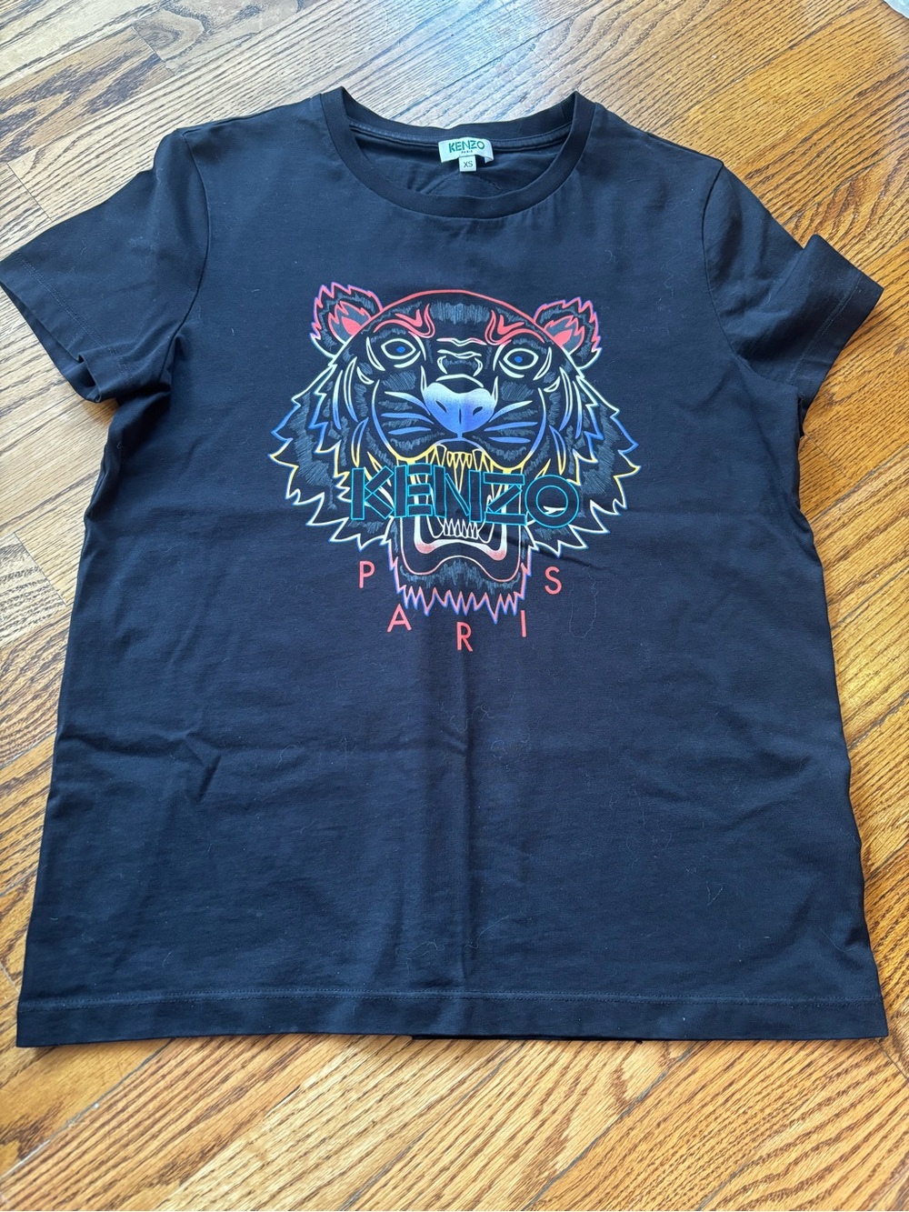 Kenzo Black Tee with Multicolor Neon Tiger Print